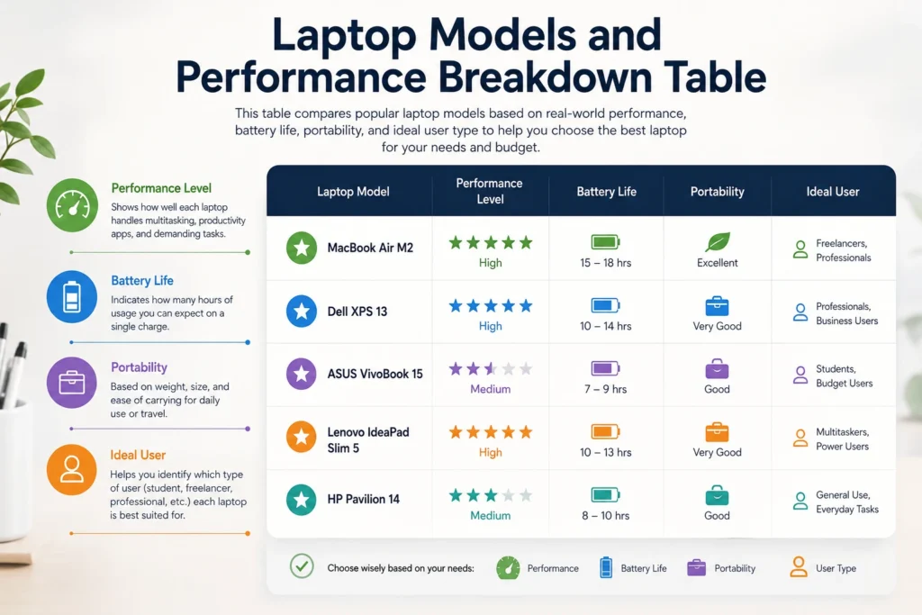 Laptop Models and Performance Breakdown Table