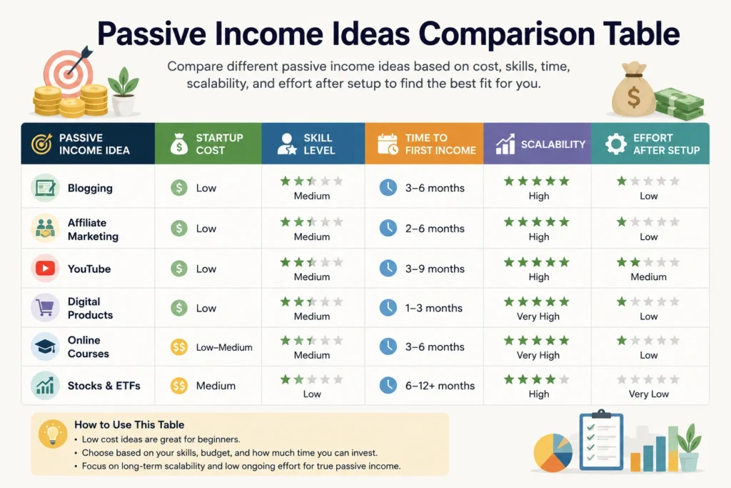 Passive Income Ideas Comparison Table